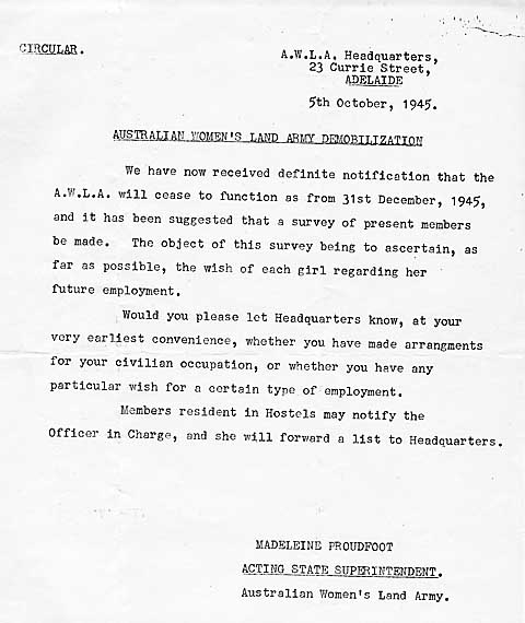 Australia Women's Land Army Demobilization Circular Australia Women's Land Army Demobilization Circular